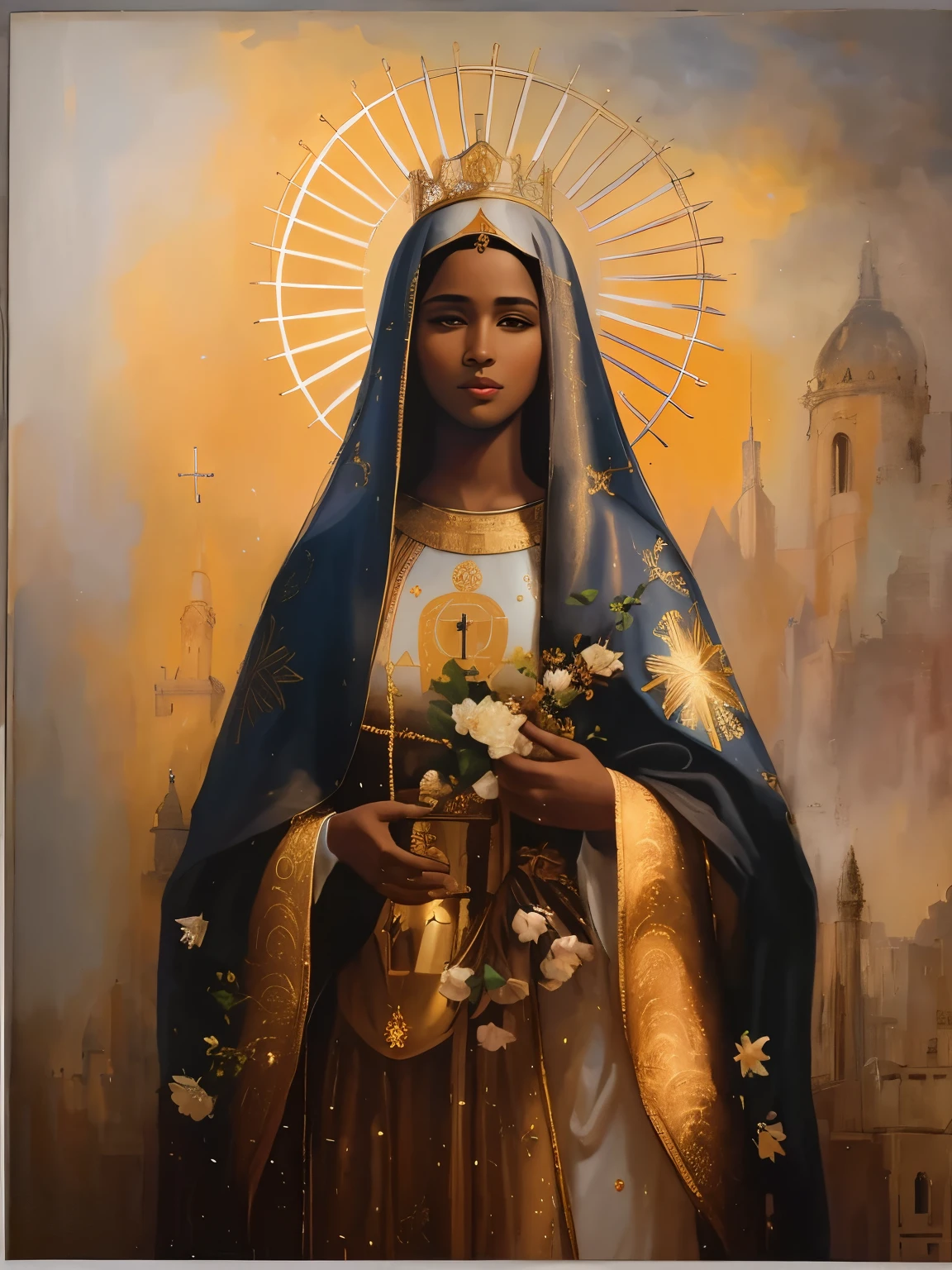 Painting of a very dark-skinned black woman holding a bouquet of flowers in her hands, Black factions on the face, majestic saint woman, sky background, Retrato da virgin mary, Directed by: Márkus Csaba,patron saint of Brazil, Our Lady of Appearance, beautiful gold saint, dark skin female goddess of love, virgin mary, Jayson Tatum as Mother Mary, catholic religious art, catholic icon, queen of heaven, masterpiece', Directed by: Grzegorz Domaradzki