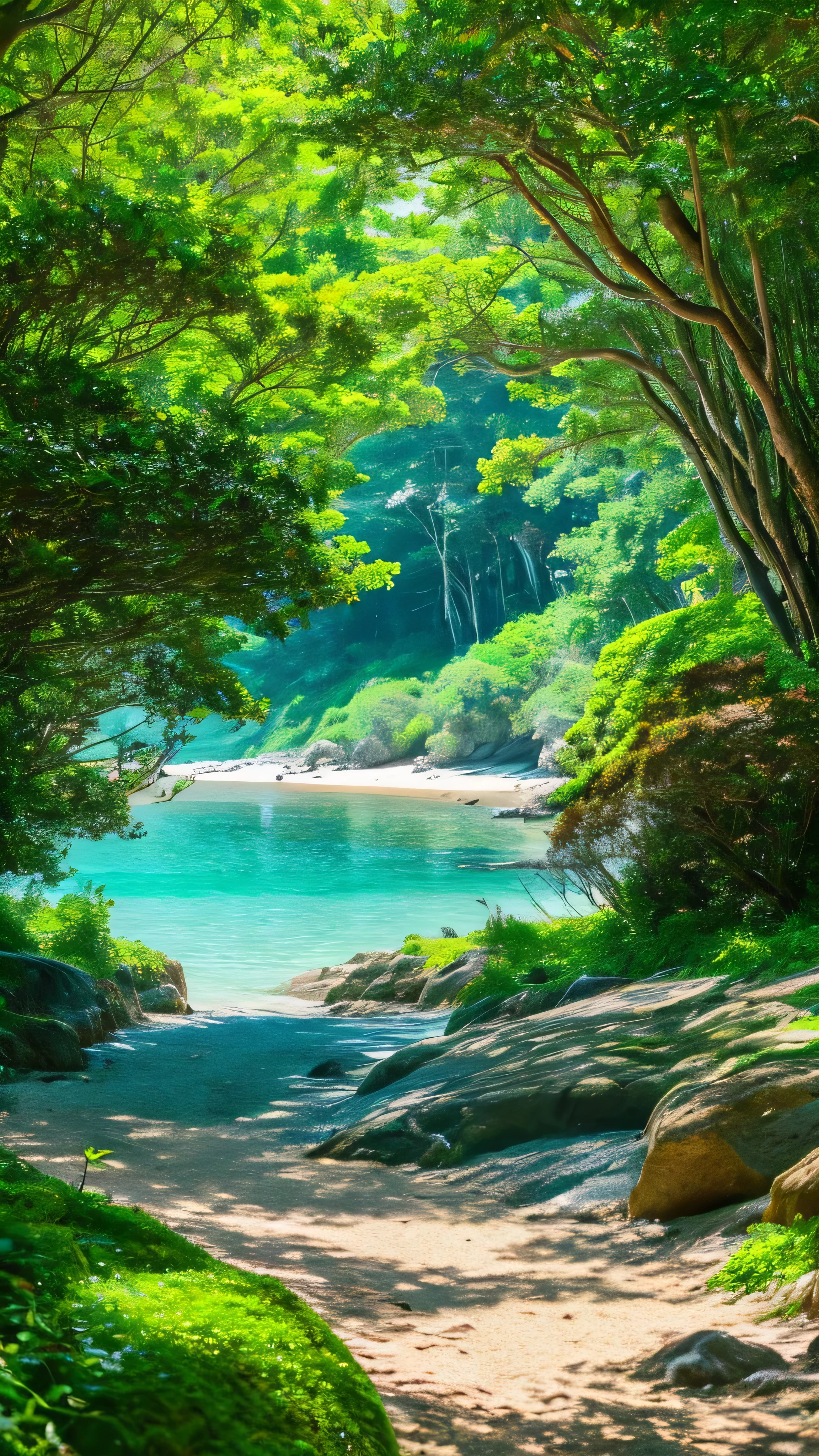 there is a picture of a beach with rocks and water, beautiful ocean, beautiful sea landscapes, a path in the woods leading to a path through the woods, a picture by Karl Völker, shutterstock, naturalism, peaceful lushious forest, lush green forest, green forest, lush green deep forest, forest trees, path into lush forest, wooded environment, path through a dense forest, lush forest, forest path, in serene forest settinghd wallpaper, calm ocean landscape, beatiful backgrounds, ocean background, magnificent background, magical beach, stunning screensaver, beautiful wallpaper, azure ocean, beautiful dreamy breathtaking, azure waves of water, crystal clear sea, amazing depth, beautiful beach, wallpaper hd, seashore