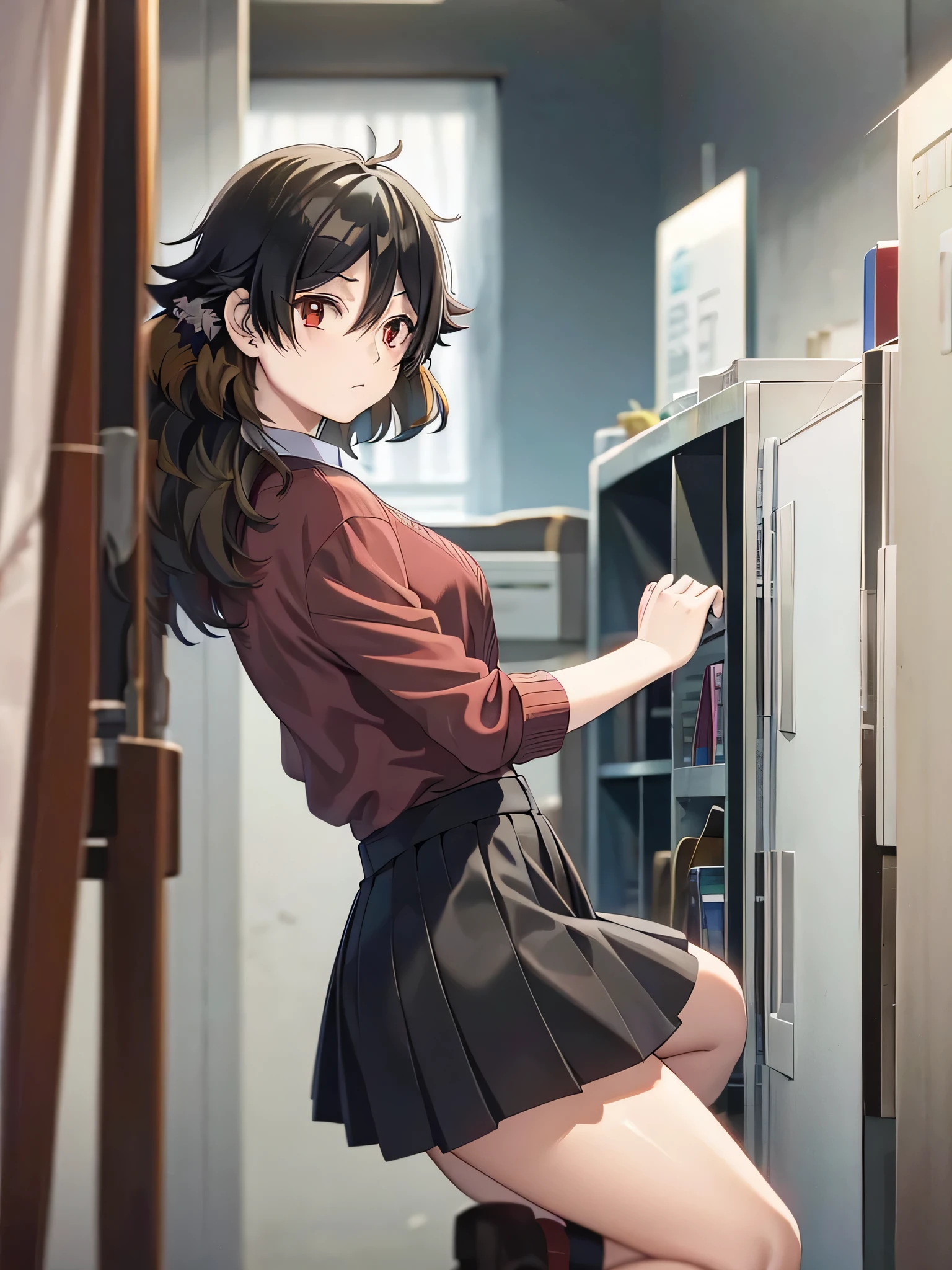 kuwanamaki, black hair with brown highlights, red eyes, thighs, short skirt, 