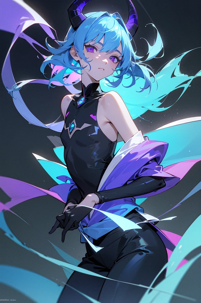 Under the night sky, On the dark planet, A girl with blue-purple hair stood on it, Her hair glows with blue-purple light, A mysterious light blue glow emanates from the eyes, She wore dark blue and purple clothes that covered her whole body, Around her floats the shining leptons, flickering with faint electric light, Exudes a cold breath, Two-dimensional style, full-body shot