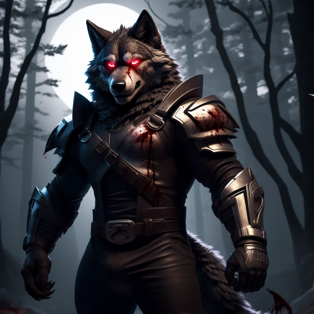 Posing, Male, 30 years old, biting lip smile, broken suit of gothic armour, bedroom eyes, anthro, wolf ears, (blakck fur:1.5), wolf, forest background at night, 8k, hi res, (best quality, masterpiece), red glowing eyes, (wolf tail:1.5), detailed fur, (blood on fur:1.5),