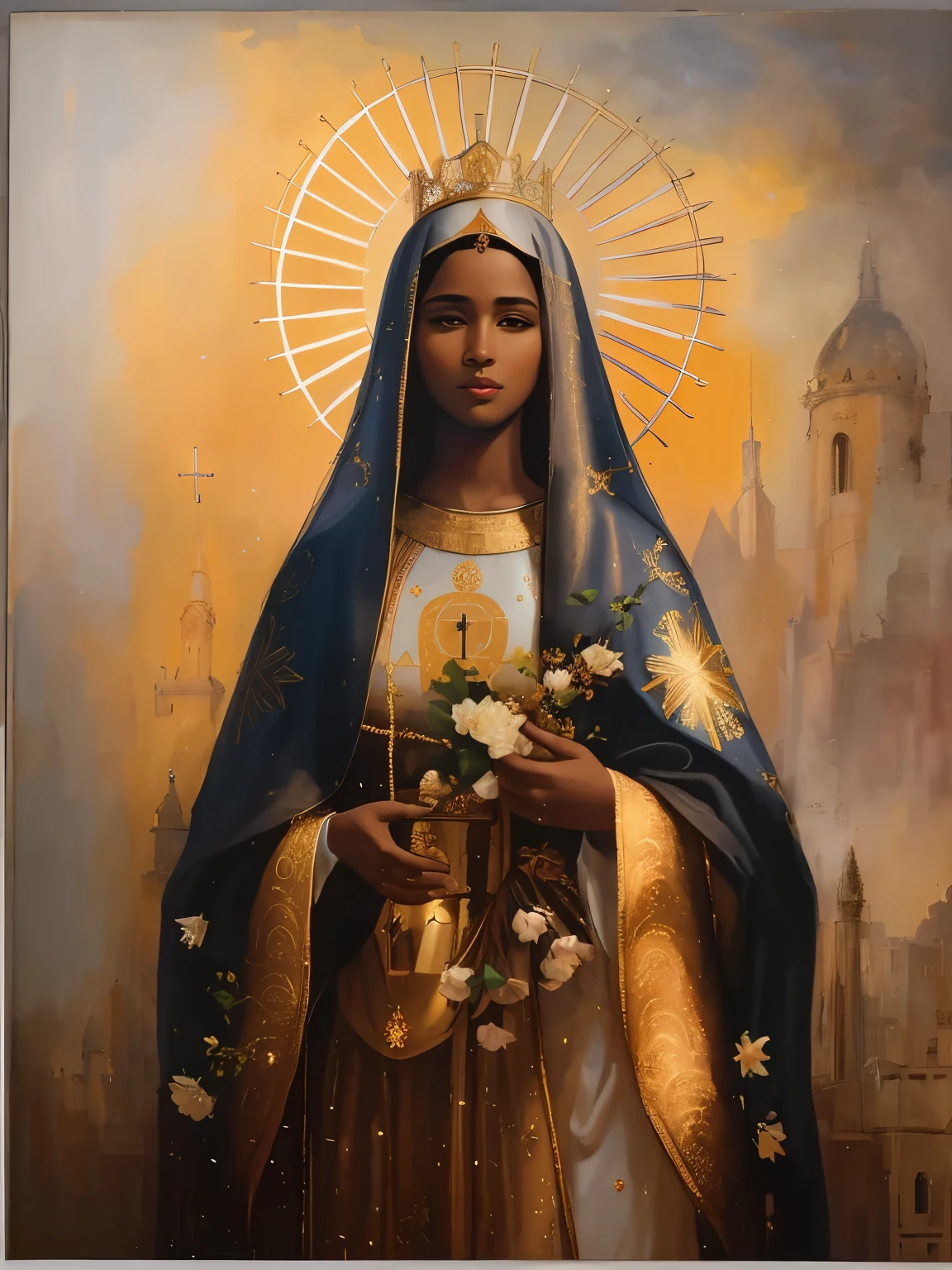 Painting of a very dark-skinned black woman holding a bouquet of flowers in her hands, Black factions on the face,  majestic saint woman, sky background, Retrato da virgin mary, Directed by: Márkus Csaba,patron saint of Brazil, Our Lady of Appearance, beautiful gold saint, dark skin female goddess of love, virgin mary, Jayson Tatum as Mother Mary, catholic religious art, catholic icon, queen of heaven, masterpiece&#39;, Directed by: Grzegorz Domaradzki