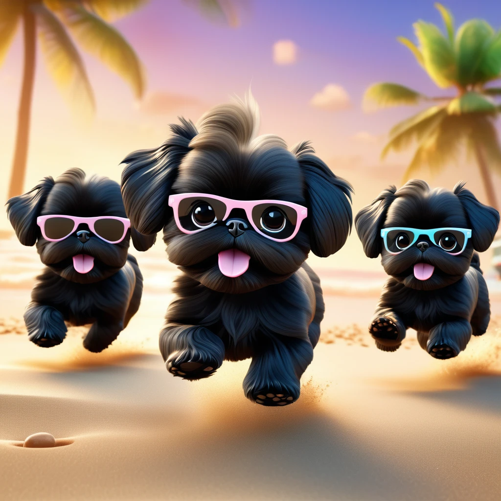 2 Adorable small black Shih Tzu puppies wearing bright sunglasses running on beach Disney background 3d cartoon 3d render disney pixar style