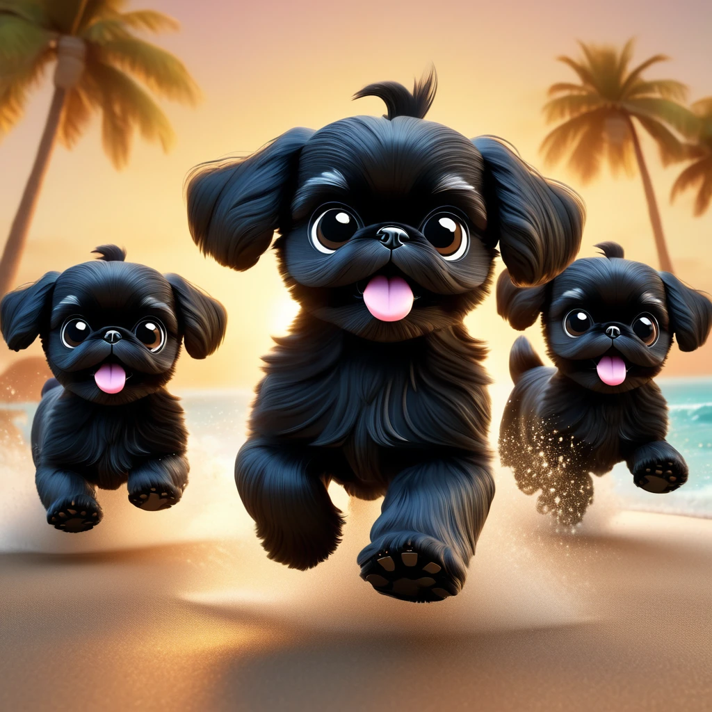 2 Adorable small black Shih Tzu puppies wearing bright sunglasses running on beach Disney background 3d cartoon 3d render disney pixar style