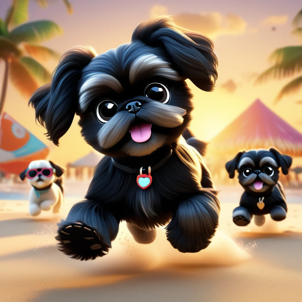 2 Adorable small black Shih Tzu puppies wearing bright sunglasses washing car Disney background 3d cartoon 3d render disney pixar style