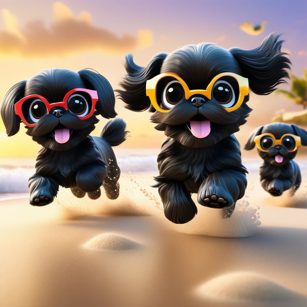 2 Adorable small black Shih Tzu puppies wearing bright sunglasses running on beach Disney background 3d cartoon 3d render disney pixar style