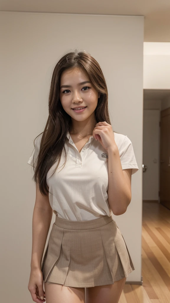 Baifern Pimchanok, (8k, RAW photo, highest quality, output: 1.2), (realistic, photorealistic: 1.37), super detailed, super high resolution, girl 1, viewer, detailed cute face, smile, teeth, professional lighting, Junior high school student, small breasts, neat, serious, honor student, a young woman in prepschool uniform, short skirt, loose blouse, instagram influencer model, 4k ultra realistic, double eyelids, beautiful eyes, good hands, better hands