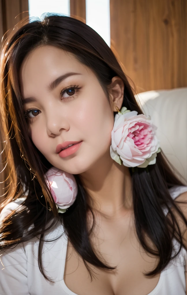 Photoreal, highest quality, High resolution, RAW photo, realistic、parted lips, smooth professional lighting,  Beautiful woman, modeled、gravure、pov、super beautiful、realistic and beautiful skin、beautiful and detailed eyes、detailed face、1girl、big breasts、cleavage、long hair、brunette colored hair、brown eyes、looking at camera, SOLO, pose for a photo