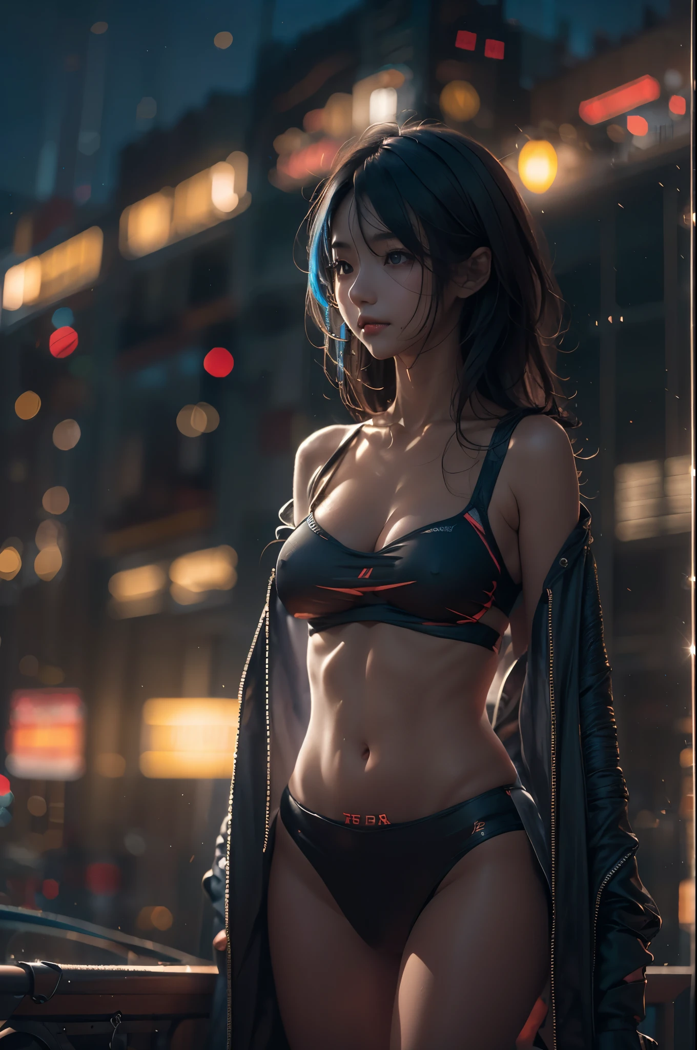 Night time, darkness, Lighting from windows, ray-traced lighting, warm glow. 
masterpiece, 1 female，13 years old, Raw photo，Photorealism，High resolution，Best Quality，High Definition, Perfect composition, 
Perfect face, Perfect body, 32K，
Cinematic lighting，metal bikini, jacket open, large spaced fishnets, naked chest, Real Girl，short dark hair，ruined city background, messy hair, 
seductive, lust, lit from the building lights, glow side, stunning, cold blue light, lens flare, light artifacts
