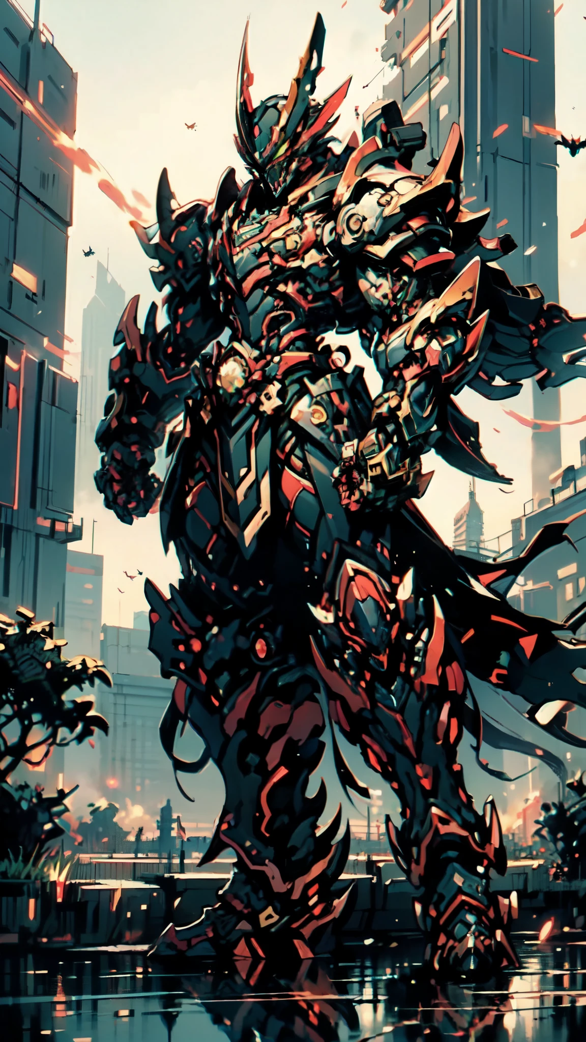 (masterpiece:1.5, best quality:1.5, extremely delicate:1.5, perspective:1.5, foreshortening:1.5, dynamic angle:1.5), a man wearing a full-face helmet, a fantasy-style biotech armored combat suit, green eyes, (a composite layered chest armor), fully enclosed shoulder guards, matching arm and leg guards, the belt is adorned with fangs biting into orbs, (the color scheme is primarily black with red accents), the design balances heavy with agility, a high-tech bio-mecha armor, (Armor Concept Inspired by Bat, stand on the top of a skyscraper in a futuristic sci-fi city), this character embodies a finely crafted fantasy-surreal style armored hero in anime style, exquisite and mature manga art style, (element, plasma, energy, the armor glows), ((male:1.5)), metallic, high definition, highres, ultra-detailed, ultra-fine painting, professional, perfect body proportions, golden ratio, anatomically correct, symmetrical face, extremely detailed eyes and face, high quality eyes, creativity, RAW photo, UHD, 32k, Natural light, cinematic lighting, masterpiece-anatomy-perfect