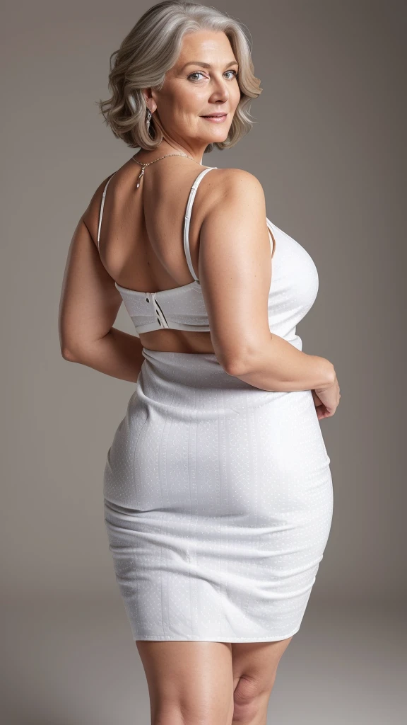 1 mature woman in, age60, Solo, medium casual hair, Bob hair, curvy body, Looking at Viewer, grey hair, Bare shoulders, Brown eyes, jewely, Full body, a necklace, off shoulders, (wearing elegant patterned white tie tube dresses), Distant photo, Realistic, A sexy one, beautiful colour, Perfect skin, 3 bust size, instagram (Realistic, A high resolution),photo size 3:4, 1 cute sexy mature woman, large expressive blue eyes, happy, (8K, raw photo, Best quality, High detail, curvaceous forms, curvy body, seductive pose, in the studio Foto with three ports lighting, with black wall background her back is turned to the photographer. 