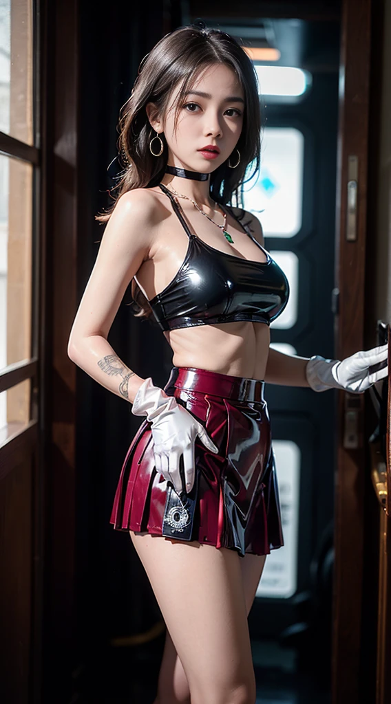 ((​masterpiece:1.4)、(top-quality:1.4)、(reallistic:1.7))、masuter piece:1.4、(Top-of-the-line rendering:1.4)、(Female SWAT member of the 73rd Division of the Space Federation:1.4)、Super Beautiful Investigator、(hold a gun:1.2)、Body Fit Sexy Uniform、(Glossy luxury latex:1.4)、(Navy blue sleeveless uniform jacket)、(Underwear White Sexy Super Ultra Bikini)、(Luxury Red Latex:1.4)、(Red pleated mini skirt:1.4)、22year old、(Cute tattoos:1.4)、(Wearing white gloves)、Kawaii Girl、Super beauty、sharp focus、Portrait photos、(Perfect female body:1.4)、perfectly proportions、Upper body photography:1.4、Beautiful face、Fearless look、beautidful eyes、Narrow waist、beauty legs、(length hair:1.2)、Beautiful udder、large full breasts:1.2、Sexy ass、(Standing facing the front:1.4)、Raw photo、red-lips、Red high heels:1.4、a choker:1.4、a necklace:1.4、earrings:1.4、1 screen display、Beautiful night view of Cyberpunk City:1.2