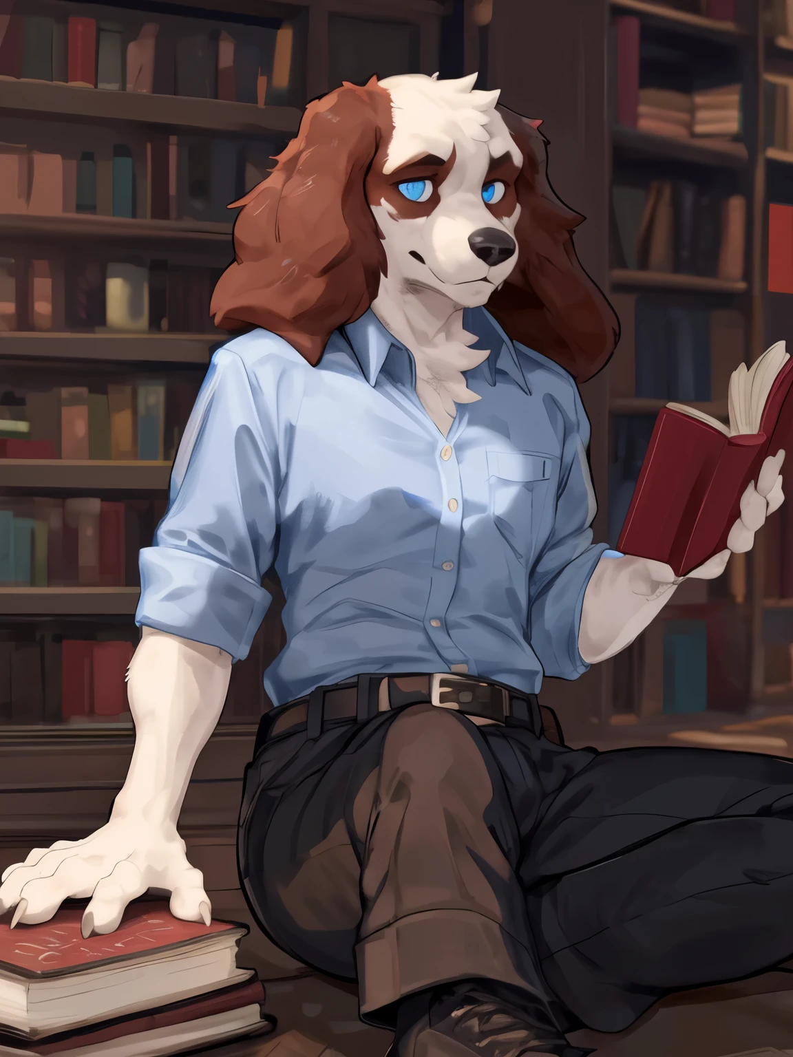 (soft shading), 4K, ((detailed face, detailed, best quality, Artwork, detailed anatomy, detailed eyes, detailed hands, perfect lighting, perfect shading)), by buta99, by zackary911, by dangpa, 1 man , white cocker spaniel cuntboy , white body and white fur, blue eyes, alectic body, um belo cabelo ondulado cor branco que chega ate os ombros, a white casual buttoned blouse, black pants, black shoes, reading a book, library scene