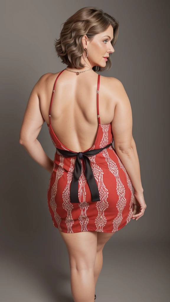 1 mature woman in, age60, Solo, medium casual hair, Bob hair, curvy body, Looking at Viewer, grey hair, Bare shoulders, Brown eyes, jewely, Full body, a necklace, off shoulders, (wearing elegant patterned red tie tube dresses), Distant photo, Realistic, A sexy one, beautiful colour, Perfect skin, 3 bust size, instagram (Realistic, A high resolution),photo size 3:4, 1 cute sexy mature woman, large expressive blue eyes, happy, (8K, raw photo, Best quality, High detail, curvaceous forms, curvy body, seductive pose, in the studio Foto with three ports lighting, with black wall background her back is turned to the photographer.