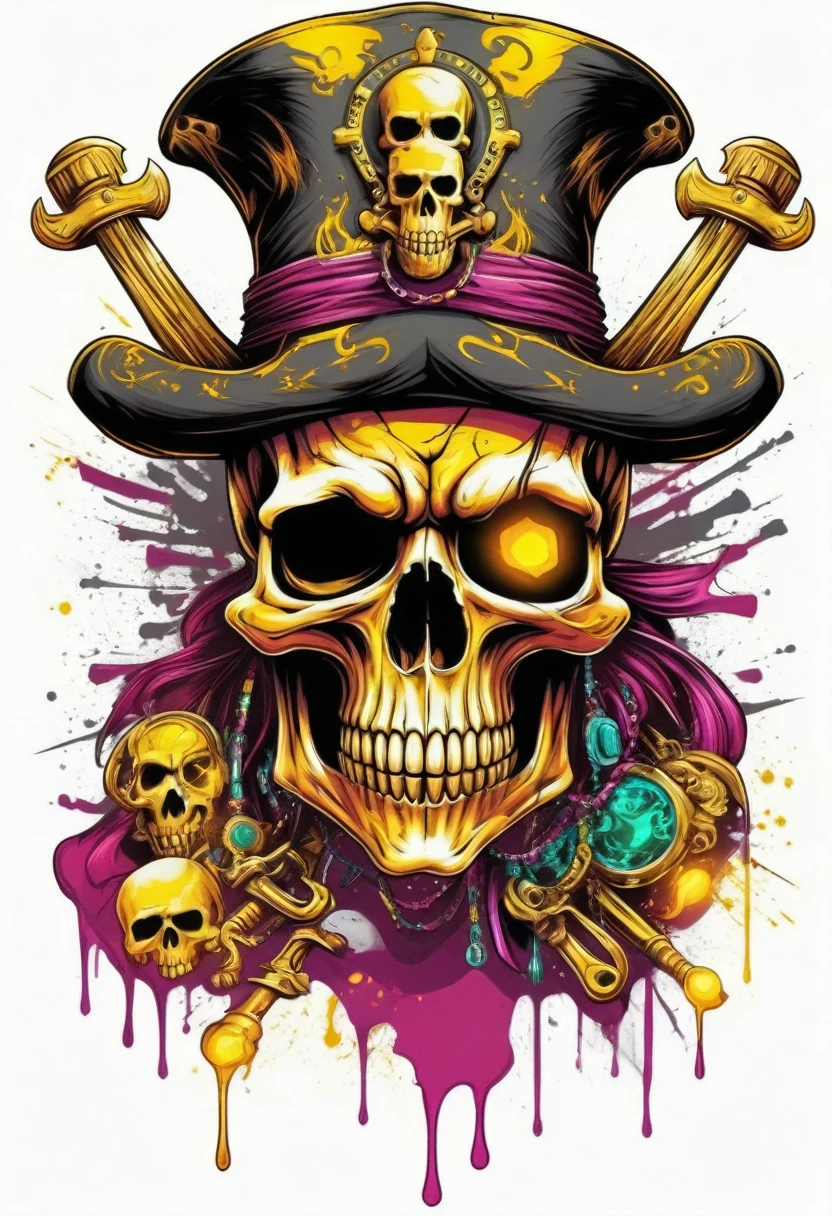 T-shirt art vector ready to print colorful graffiti illustration of masked yellow pirate skull and hat web decorated with jewels of precious rubies and emeralds and skeleton beard decorated with yellow diamonds, beautiful stone jewelry teeth, frontal perspective, action photo, vibrant color and welding, high détail, White background, monochrome