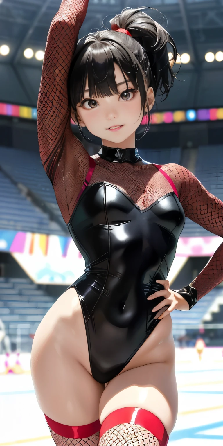 Backwards, on all fourohawk Hair((In a shiny long sleeve black and red leotard、Fishnet stockings that cover the entire buttocks)).Close your lips and smile、(((-yeld Jaese girl with a slim waist)))(Olympic Gymnastics Stadium)((Highest quality))Gymnast、sweating、、Transparent full body image、Thick and moist lips (Glowing Skin 1.7)Extreme close-up from below(((Looks sexy)))((masterpiece)、(1. Glowing Skin.1.4).(background Gymnastics arena、)、(((11-year-o gi)&#39tt in face、((Shiny long sleeve moss green and white leotard、Fishnet stockings that cover the entire buttocks)).(((super short black hair、)))Sexy pose、(Various poses)(Thick and soft lips)