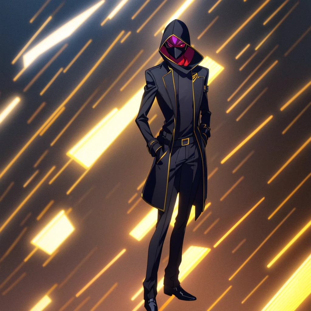 Male, teenager, vigilante, wearing dark clothes, a coat, and a full-face mask, head covered by mask, athletic build, hands in pockets, standing at attention, nighttime setting, lone figure, single person, sole person, looking towards viewer, fully in frame, full body shot, Code Geass style, codeGeass, CODEGEASS