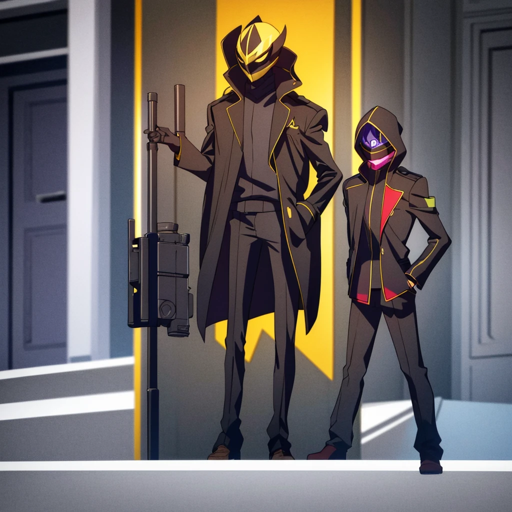 Male, teenager, vigilante, wearing dark clothes, a coat, and a full-face mask, head covered by mask, athletic build, hands in pockets, standing at attention, nighttime setting, lone figure, single person, sole person, looking towards viewer, fully in frame, full body shot, Code Geass style, codeGeass, CODEGEASS