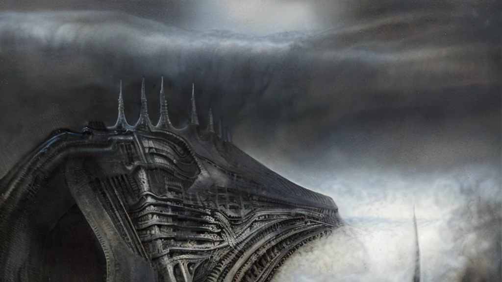 The image is a detailed view of H.R. Giger's biomechanical tableau \" Landscape XVI \" plate, featuring.
(airbrush painting, Giger's alien in front of broken alien ship in landscape, natural light, sharp focus, illustration, highly detailed, digital painting, concept art, matte, art by gric and kozhanov and moebius and Alphonse Mucha, masterpiece, HDR ,UHD , uplight, in HRGigerArhP style);1.
surrealistic painting of a monster with multiple tentacles and a body that looks like a brain, surrounded by a chaotic scene of swirling clouds and other monsters
It's a complex network of bones and organs in eldritch color scheme:a greenish-brown hue ,swirling gery and brown colors. The artwork is silverish and green brown, with an ivory bones prominently displayed. The image is highly detailed and intricate, almost like a 3d version of a medical sketchwork.
The piece is a tableau, most likely created with a India ink pen or pencil on paper, determined by the thin lines, shading techniques, and the texture of the paper, which is visible around the edges.
Used is pen, given the shading and variations in line weight visible in the image. Artist have used a variety of stylus with different degrees of hardness to achieve the shading effects.
The use of undersaturated green-grays dark contrasts creates a stark and graphic look. Is used a variety of linework techniques to create different textures. Fine, parallel lines create a smooth, metallic texture,while thicker, more cursive lines suggest cables or wires.
Light source from the top highlights skeletals, pper part of foreground, lower part of image is in shadowupper part of foreground, lower part of image is in shadow.
The art performance showcases the artist’s skills in observation and rendering. The level of detail in the piece suggests a close study of real bone specimens and mechanics. The artist has skillfully used shading techniques to create a convincing illusion of three-dimensionality on a flat surface. The wrinkles