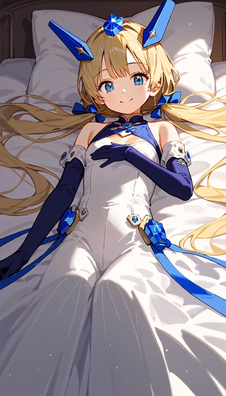 score_9, score_8_up, score_7_up, source_anime, absurdres, bedroom, 1girl, solo, angelabalzac, blonde hair, blue eyes, deva battle suit, elbow gloves, headgear, long hair, low twintails, twintails, very long hair, smile, looking at viewer, straight-on, portrait, masterpiece, best quality, very aesthetic, lying back, on bed, anime screencap, highly detailed, lighting, 8k, masterpiece, 