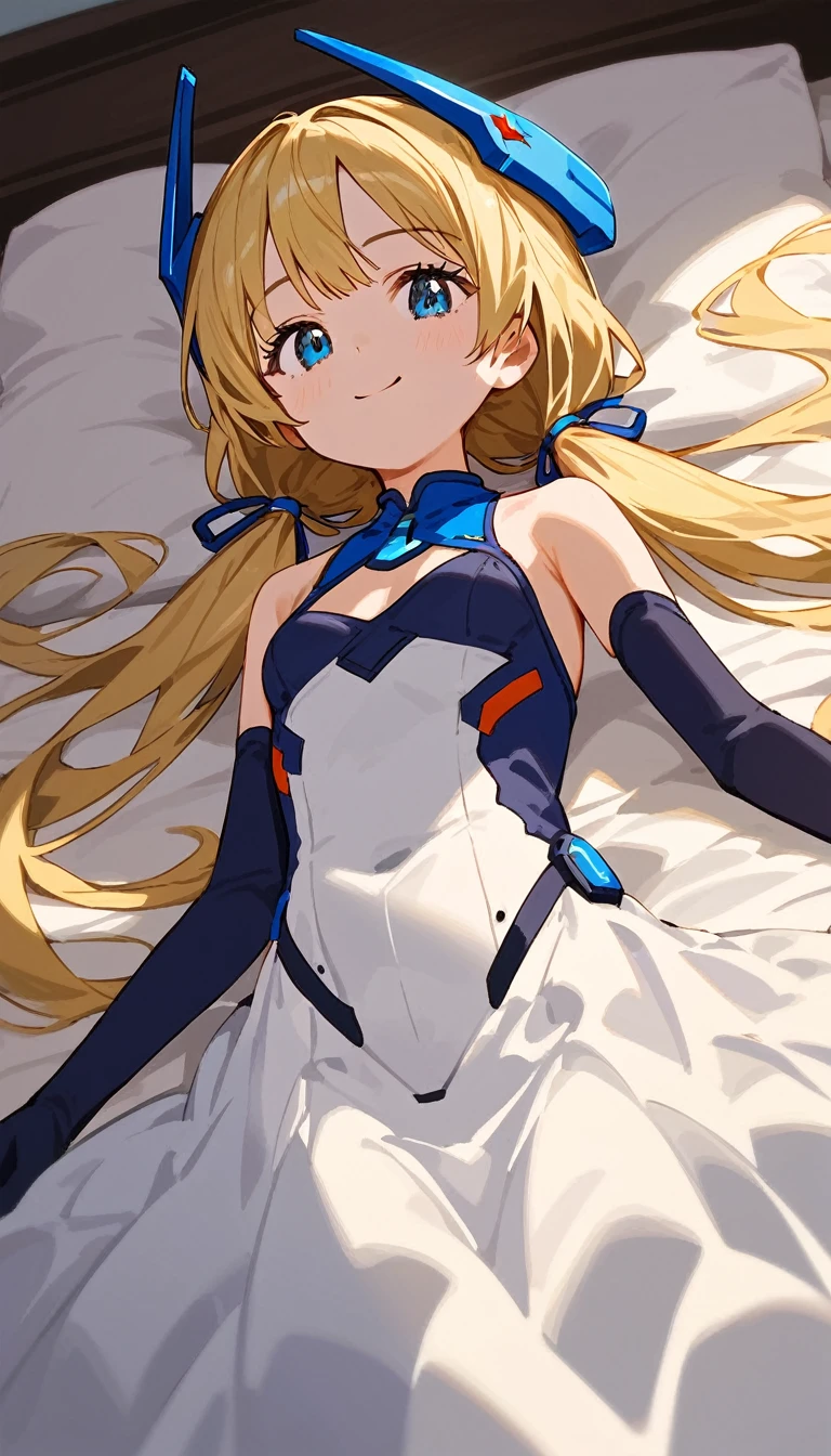 score_9, score_8_up, score_7_up, source_anime, absurdres, bedroom, 1girl, solo, angelabalzac, blonde hair, blue eyes, deva battle suit, elbow gloves, headgear, long hair, low twintails, twintails, very long hair, smile, looking at viewer, straight-on, portrait, masterpiece, best quality, very aesthetic, lying back, on bed, anime screencap, highly detailed, lighting, 8k, masterpiece, 