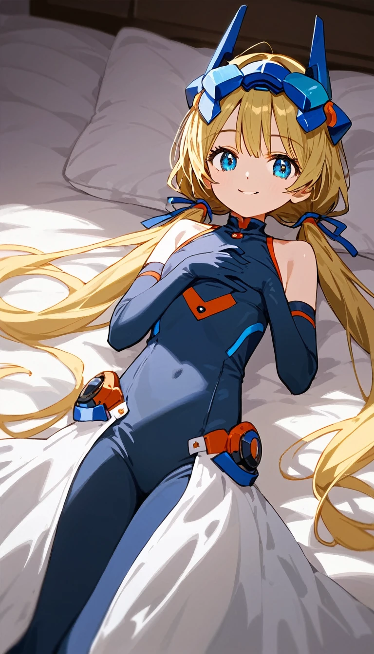 score_9, score_8_up, score_7_up, source_anime, absurdres, bedroom, 1girl, solo, angelabalzac, blonde hair, blue eyes, deva battle suit, elbow gloves, headgear, long hair, low twintails, twintails, very long hair, smile, looking at viewer, straight-on, portrait, masterpiece, best quality, very aesthetic, lying back, on bed, anime screencap, highly detailed, lighting, 8k, masterpiece, 