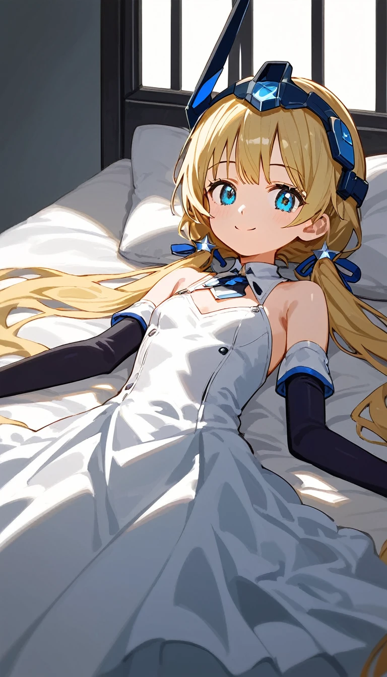 score_9, score_8_up, score_7_up, source_anime, absurdres, bedroom, 1girl, solo, angelabalzac, blonde hair, blue eyes, deva battle suit, elbow gloves, headgear, long hair, low twintails, twintails, very long hair, smile, looking at viewer, straight-on, portrait, masterpiece, best quality, very aesthetic, lying back, on bed, anime screencap, highly detailed, lighting, 8k, masterpiece, 