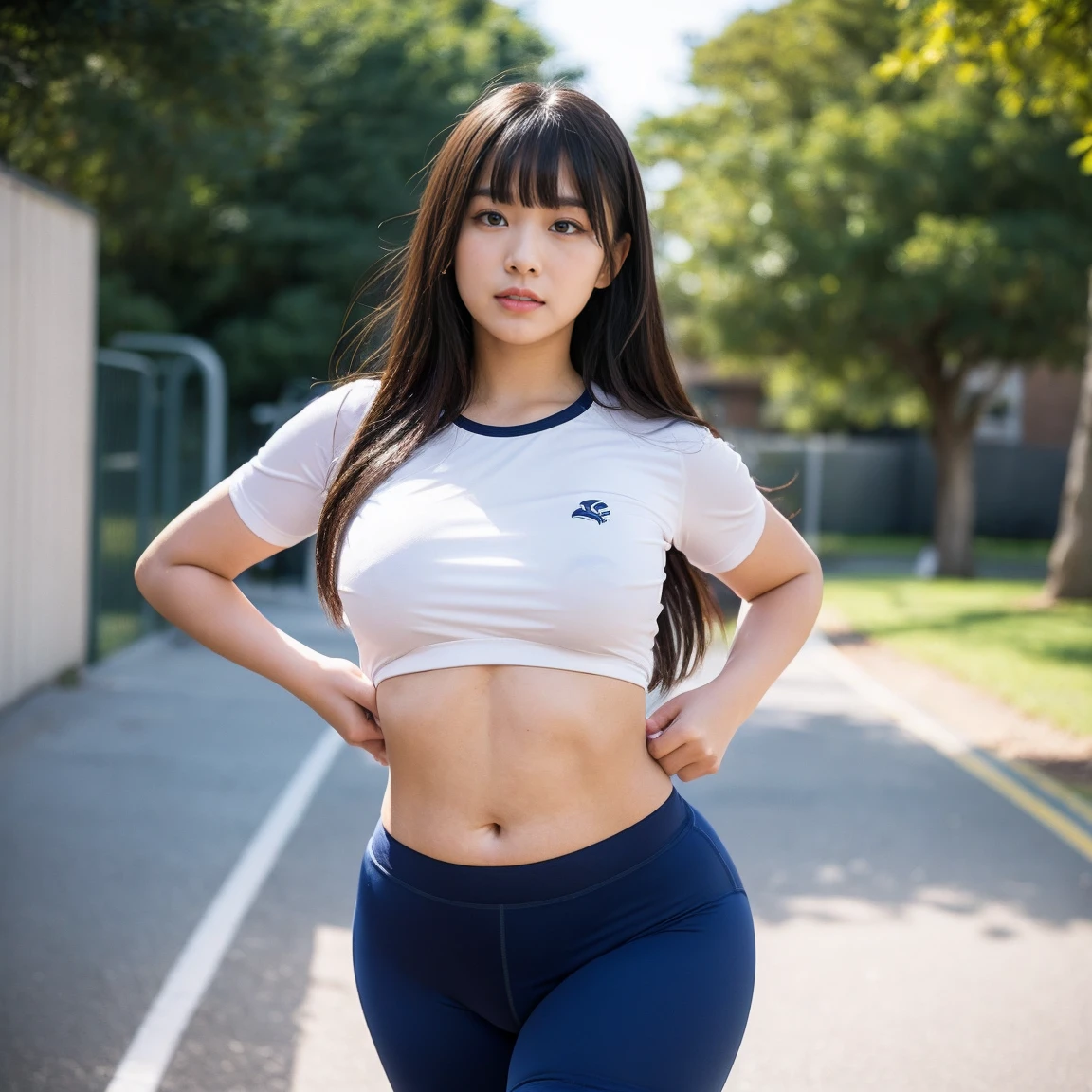 Portrait from head to knee、alone、２０age、Natural body shape、White skin、Natural Makeup、Black Hair、bangs、Straight Long Hair、((School-designated gym clothes))((White gym clothes for the upper body、Long hem))、((S size navy blue tight bloomers))、(((Tuck the bottom of your gym clothes into your bloomers)))、Big Breasts、((The upper body is wearing gym clothes))、Looking at the camera facing the front、Focus on the groin、Her plump thighs are exposed、((walking))、(((School corridor)))