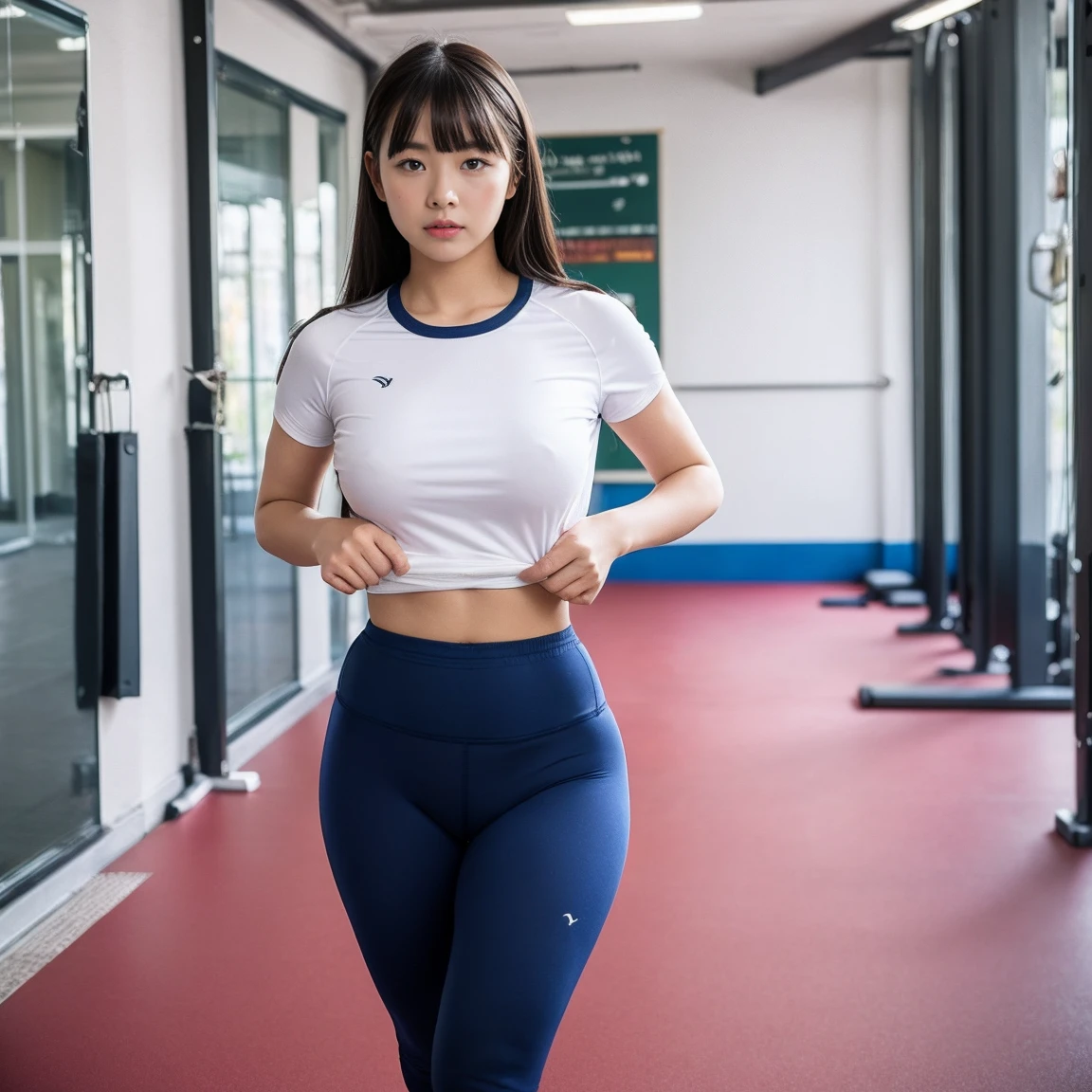 Portrait from head to knee、alone、２０age、Natural body shape、White skin、Natural Makeup、Black Hair、bangs、Straight Long Hair、((School-designated gym clothes))((White gym clothes for the upper body、Long hem))、((S size navy blue tight bloomers))、(((Tuck the bottom of your gym clothes into your bloomers)))、Big Breasts、((The upper body is wearing gym clothes))、Looking at the camera facing the front、Focus on the groin、Her plump thighs are exposed、((walking))、(((School corridor)))