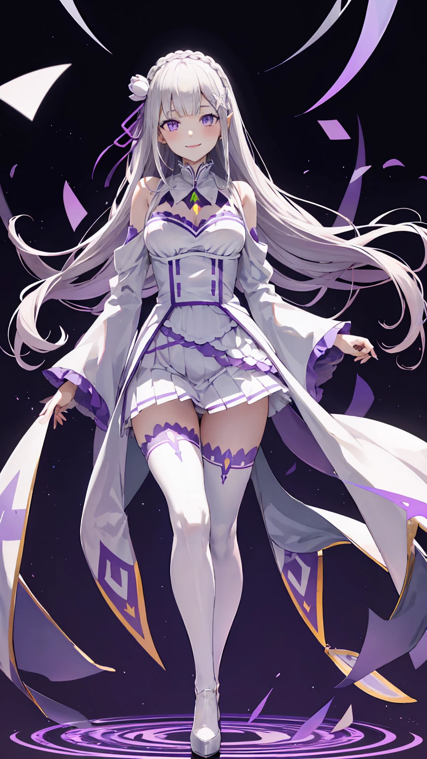 Lezero Emilia, emilia, braid, Crown braid, flower, Hair Flower, hair ornament, Hair Ribbon, Long hair, pointy ear, (Purple eyes:1.2), White hair, x hair ornament,
Break Detach Color, Detached sleeves, frilly sleeves, frilld, Long sleeves, Miniskirt, Pleated skirt, bow ribbon, Skirt, thighs thighs thighs thighs, White skirt, White sleeves, white thighhig, Wide sleeves, zettai ryouiki,

 BREAK (masutepiece:1.2), Best Quality, High resolution, Unity 8k Wallpaper, (Illustration:0.8), (Beautiful detailed eyes:1.6), extra detailed face, Perfect Lighting, extremely details CG, (Perfect hands, Perfect ???????),is standing、Evil Fall, 1girl in, solo, pubic tattoo,Lipakeup、lip stick、eye line / Mascara Eyeshadow Evil Fall、Bad Woman、bad looking、Empty eyes、Psychopaths、Eyes pink、Grinning、Smile, lightsmile,Knives、low angles、leggy、Long leguchimuchi、Transparent pupils、, ((Positive pregnancy test))fullbody image、high-heels、High heels、smile, Purple Lipstick、saliva, Micro Mini Skirt、Standing、(half:1.3), Wide Hips, Thick thighs, (Thigh Gap:1.2), Big Ass, (shaving、1 Girl, whole body,look up:1.4）