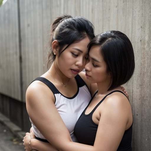 " 2woman, 35 Years Old, Indonesian , Lesbian Scene, Tank Top, big , full body, Curvy body, sharing Passionate hug and eating pussy