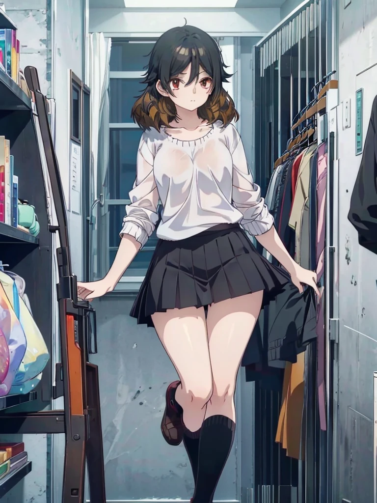 kuwanamaki, black hair with brown highlights, red eyes, thighs, short skirt,