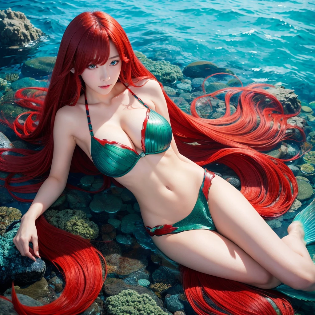 Oil painting.A vibrant, siren-like woman basks in the sun on a pristine beach, her long scarlet hair flowing in the sea breeze. She wears a whimsical bikini top with azure and crimson patterns that match her long, flowing skirt, which is adorned with a cascade of feathers in matching shades. Skirt with a slit exposing the leg, tropical paradise, starfish and shells on the sand