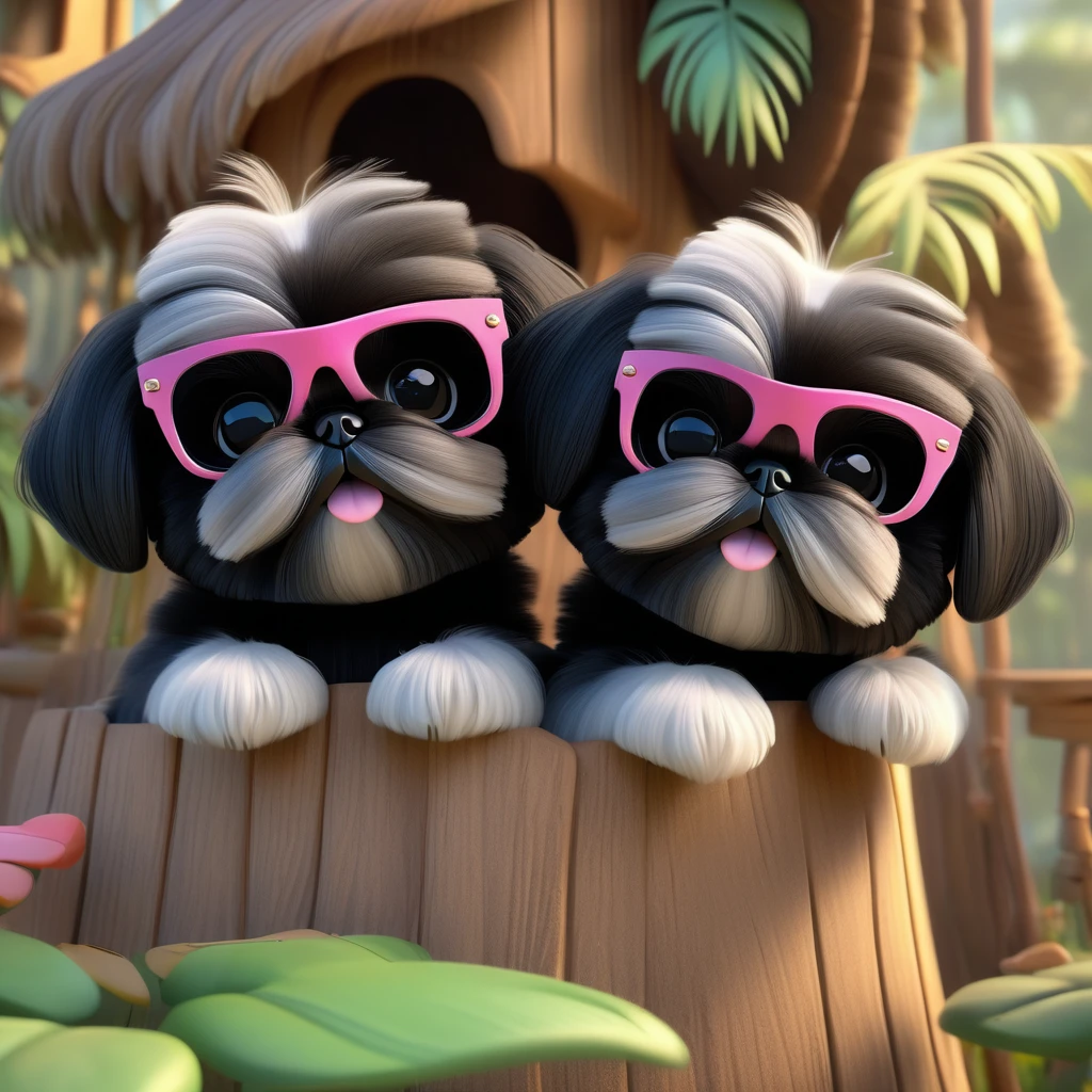 2 Adorable small black Shih Tzu puppies wearing bright sunglasses in treehouse Disney background 3d cartoon 3d render disney pixar style