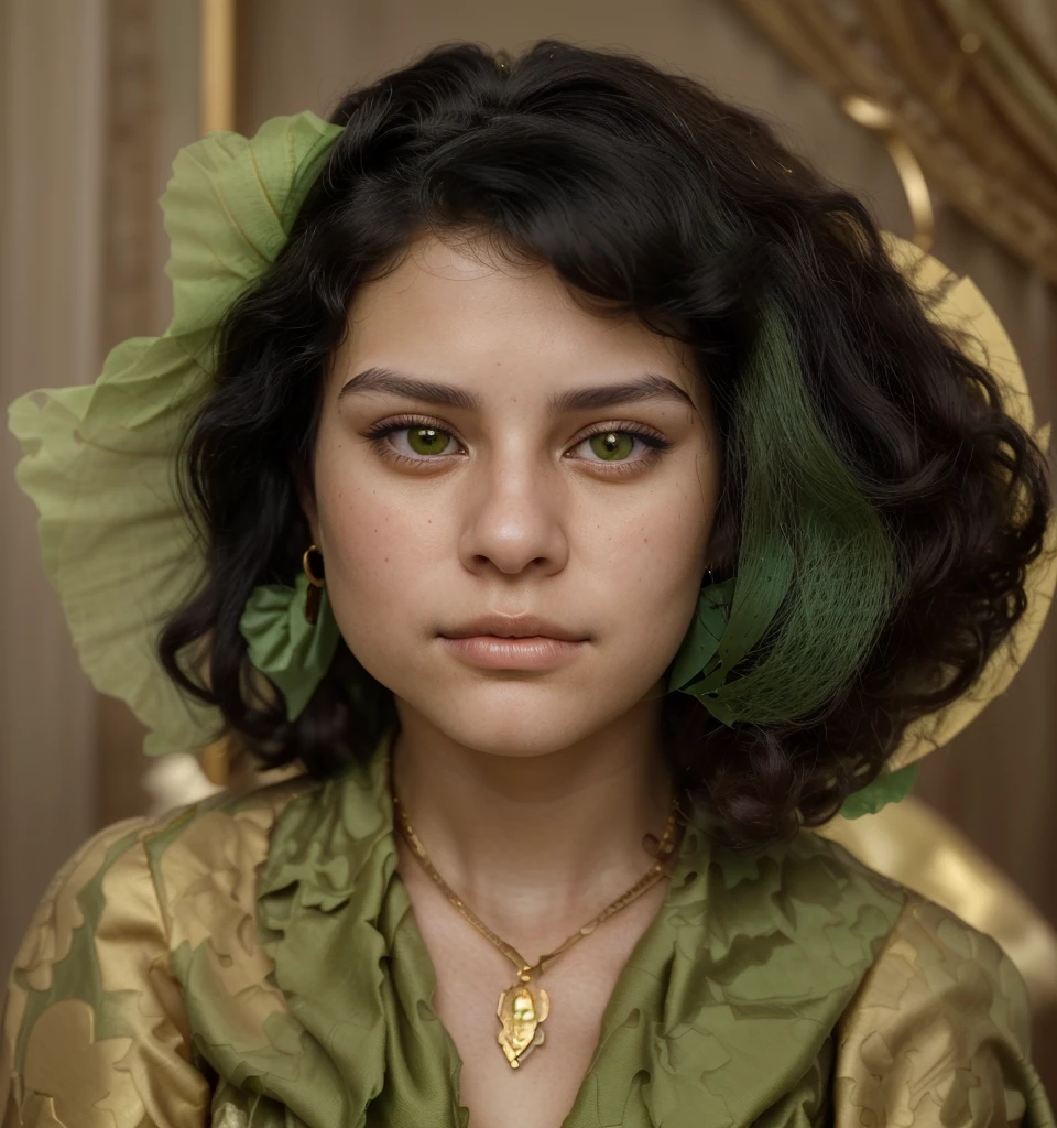 The image is a portrait of a 21 year old woman with fine, curly black hair, detailed high hair and a gold necklace, dressed in green traditional clothing. He looked directly at the camera with a neutral expression. Very high skin detail, realistic