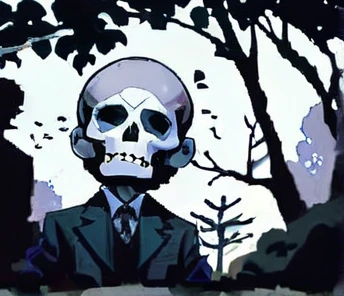 Skullhead in a trendy Armani designer suit meanly stares at the viewer, under some  trees