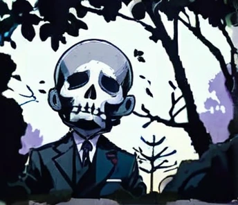 Skullhead in a trendy Armani designer suit meanly stares at the viewer, under some trees