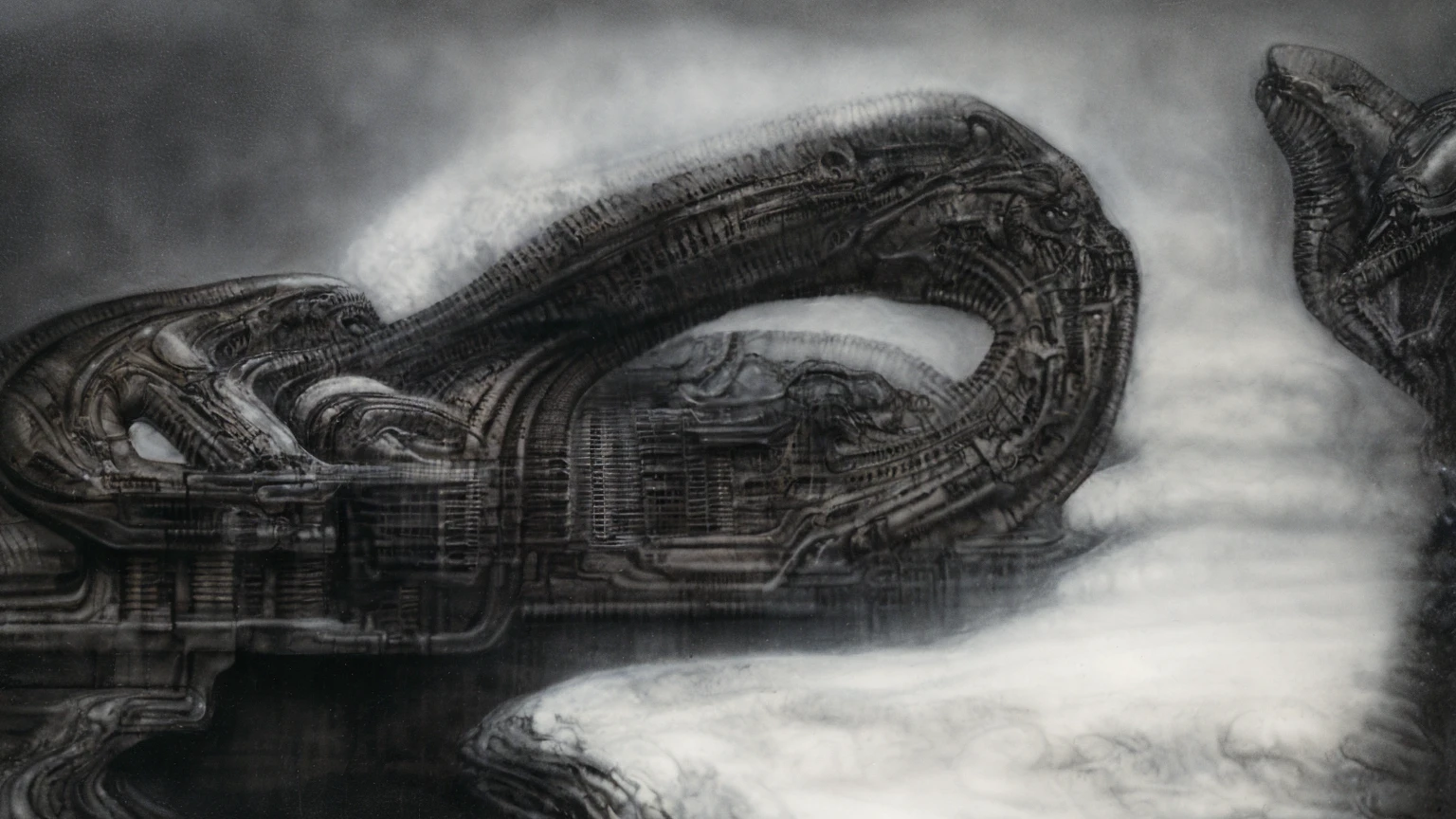 The image is a detailed view of H.R. Giger's biomechanical tableau \" Landscape XVI \" plate, featuring.
(airbrush painting, Giger's alien in front of broken alien ship in landscape, natural light, sharp focus, illustration, highly detailed, digital painting, concept art, matte, art by gric and kozhanov and moebius and Alphonse Mucha, masterpiece, HDR ,UHD , uplight, in HRGigerArhP style);1.
surrealistic painting of a monster with multiple tentacles and a body that looks like a brain, surrounded by a chaotic scene of swirling clouds and other monsters
It's a complex network of bones and organs in eldritch color scheme:a greenish-brown hue ,swirling gery and brown colors. The artwork is silverish and green brown, with an ivory bones prominently displayed. The image is highly detailed and intricate, almost like a 3d version of a medical sketchwork.
The piece is a tableau, most likely created with a India ink pen or pencil on paper, determined by the thin lines, shading techniques, and the texture of the paper, which is visible around the edges.
Used is pen, given the shading and variations in line weight visible in the image. Artist have used a variety of stylus with different degrees of hardness to achieve the shading effects.
The use of undersaturated green-grays dark contrasts creates a stark and graphic look. Is used a variety of linework techniques to create different textures. Fine, parallel lines create a smooth, metallic texture,while thicker, more cursive lines suggest cables or wires.
Light source from the top highlights skeletals, pper part of foreground, lower part of image is in shadowupper part of foreground, lower part of image is in shadow.
The art performance showcases the artist’s skills in observation and rendering. The level of detail in the piece suggests a close study of real bone specimens and mechanics. The artist has skillfully used shading techniques to create a convincing illusion of three-dimensionality on a flat surface. The wrinkles