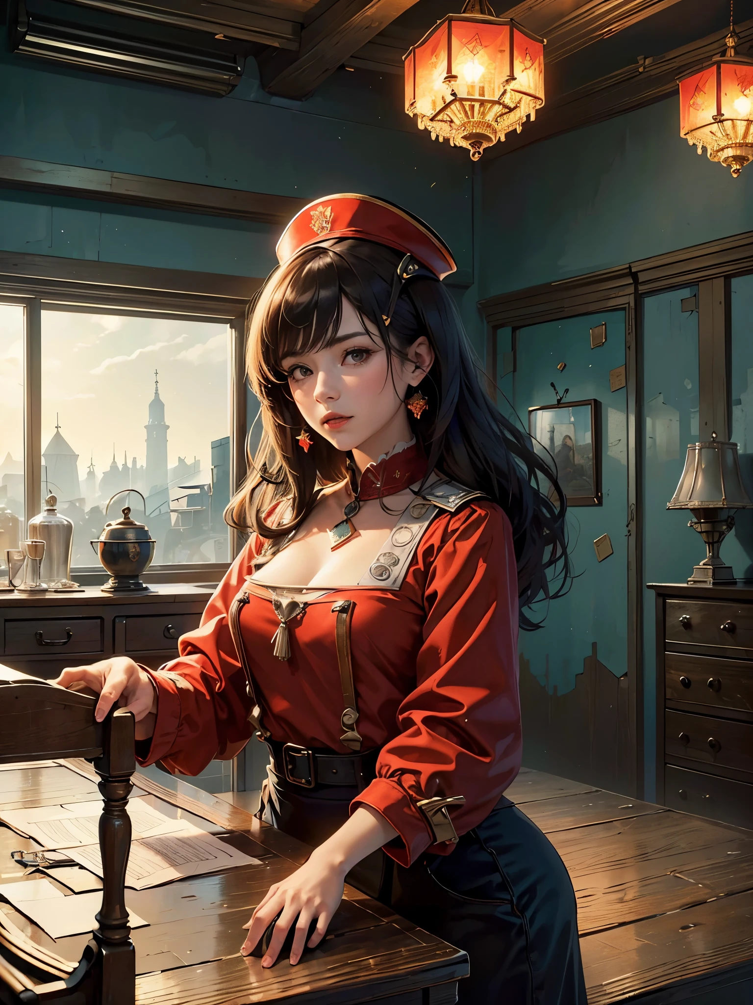 (Masterpiece, Top Quality, Best Quality: 1.2), A group of five individuals, Communists, (Bold Red Uniforms), Fine Detail, (Rustic Facial Features), (Each holding a red flag), (Symmetrical Arrangement), (Deep Concentration on the Horizon), (Dimly Lit Workshop Setting), (Grunge Texture on the Walls), (Old wooden furniture), ((In the classic Soviet Style)), (High Resolution, 8K), Atmospheric Perspective, Super Detail, Accurate, High Quality, Award-Wining, Best Quality, High Resolution Images, Cinematic Lighting, Chiarosc