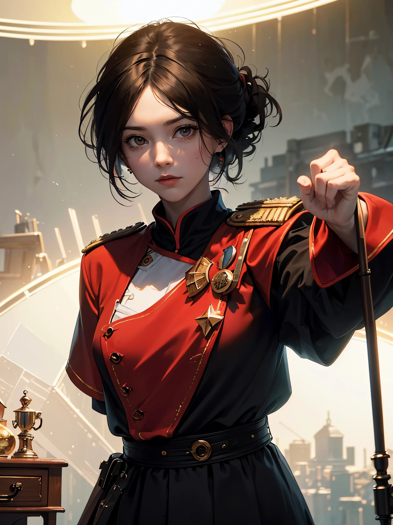 En un mundo dieselpunk. A very pretty young soldier in the British army, con un gran sombrero y un traje rojo con muchos botones y varias medallas. She carries a strange steam rifle. She is doing patrol on a large cobblestone street with large buildings... La luz es algo pobre debido al exceso de humo.