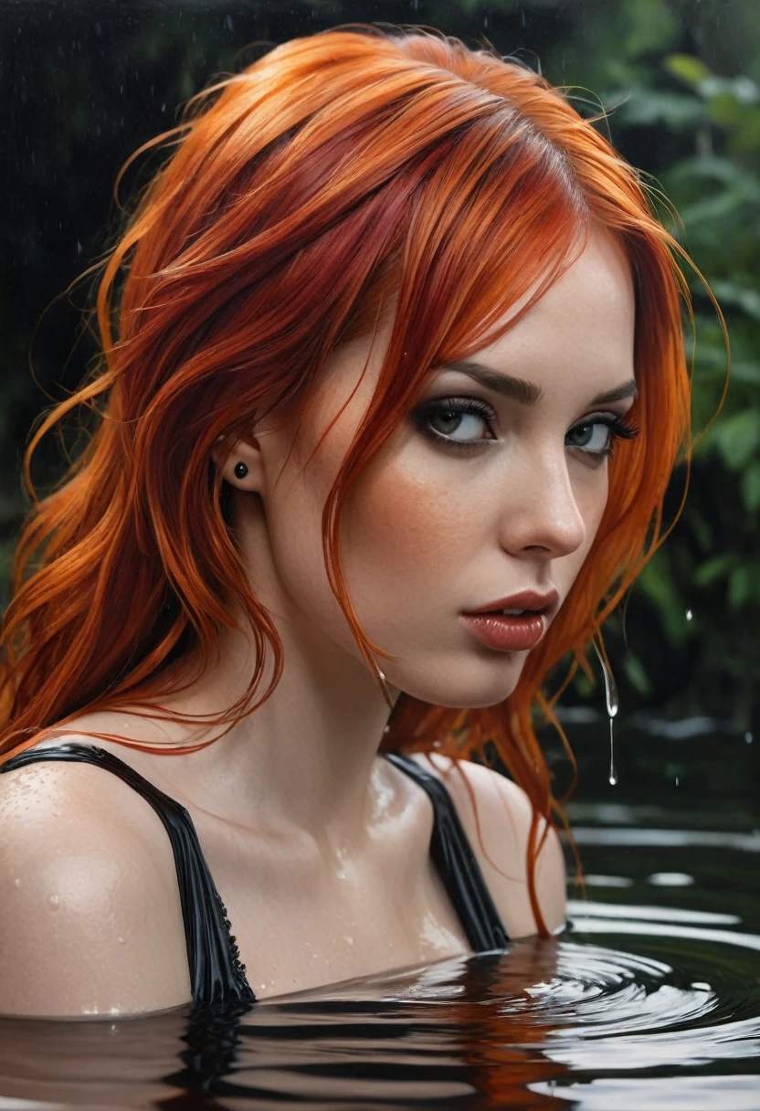 beautiful woman with red hair in the water droplet, in the style of realistic and hyper-detailed renderings, gothic references, i can't believe how beautiful this is, dark orange and light black, realistic figures, comic art, oil on panel --ar 65:128 --stylize 750 --v 5.2