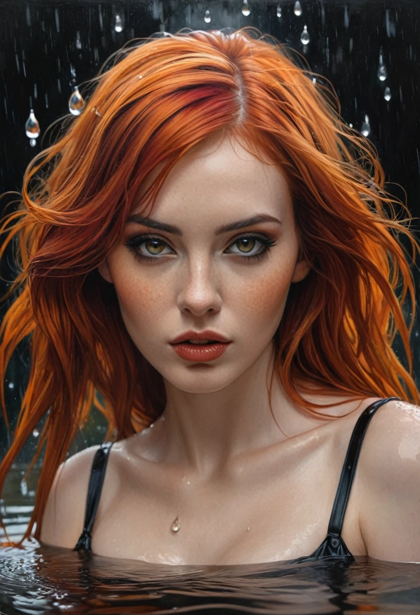 beautiful woman with red hair in the water droplet, in the style of realistic and hyper-detailed renderings, gothic references, i can't believe how beautiful this is, dark orange and light black, realistic figures, comic art, oil on panel --ar 65:128 --stylize 750 --v 5.2