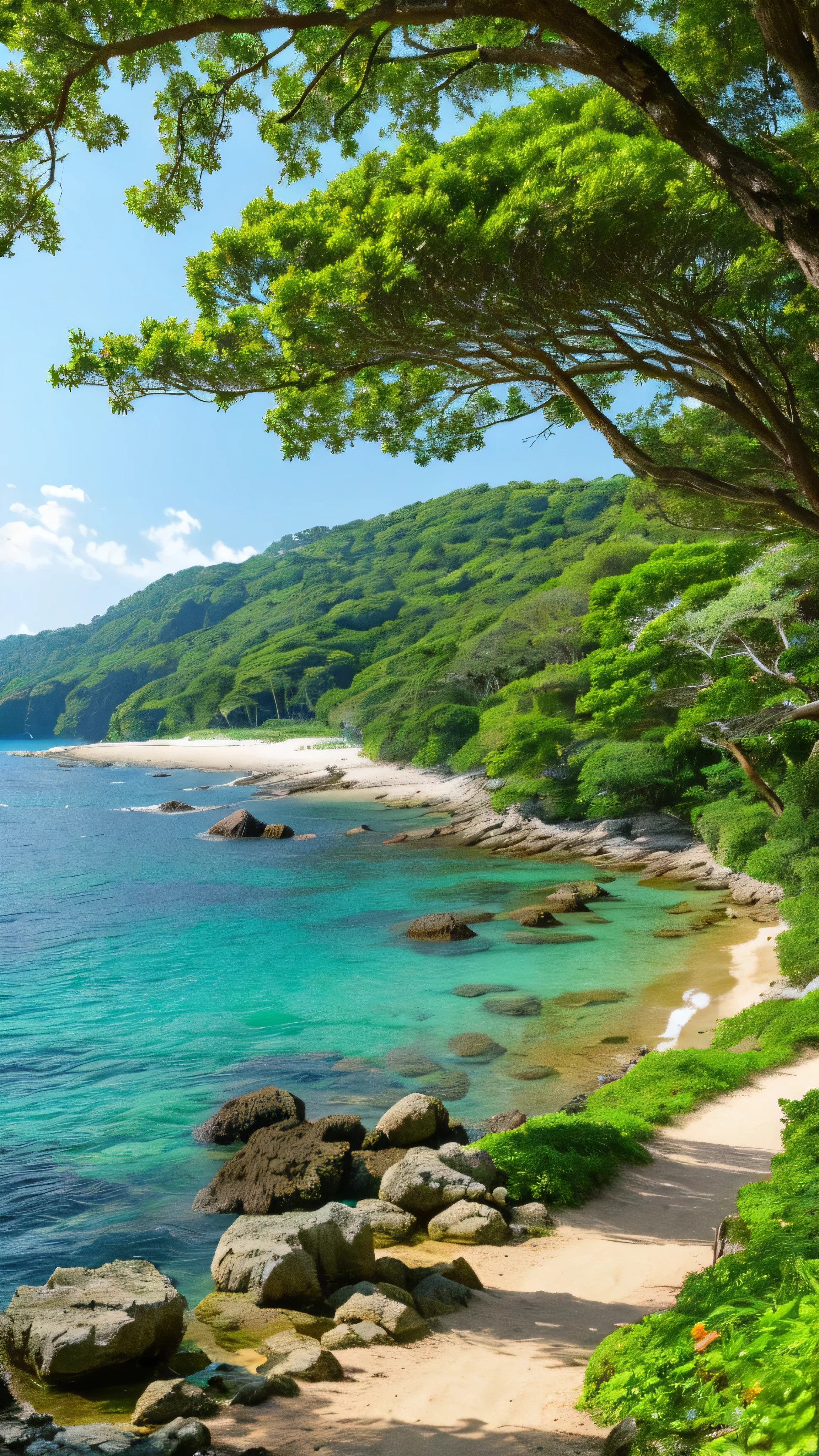 there is a picture of a beach with rocks and water, beautiful ocean, beautiful sea landscapes, a path in the woods leading to a path through the woods, a picture by Karl Völker, shutterstock, naturalism, peaceful lushious forest, lush green forest, green forest, lush green deep forest, forest trees, path into lush forest, wooded environment, path through a dense forest, lush forest, forest path, in serene forest settinghd wallpaper, calm ocean landscape, beatiful backgrounds, ocean background, magnificent background, magical beach, stunning screensaver, beautiful wallpaper, azure ocean, beautiful dreamy breathtaking, azure waves of water, crystal clear sea, amazing depth, beautiful beach, wallpaper hd, seashore