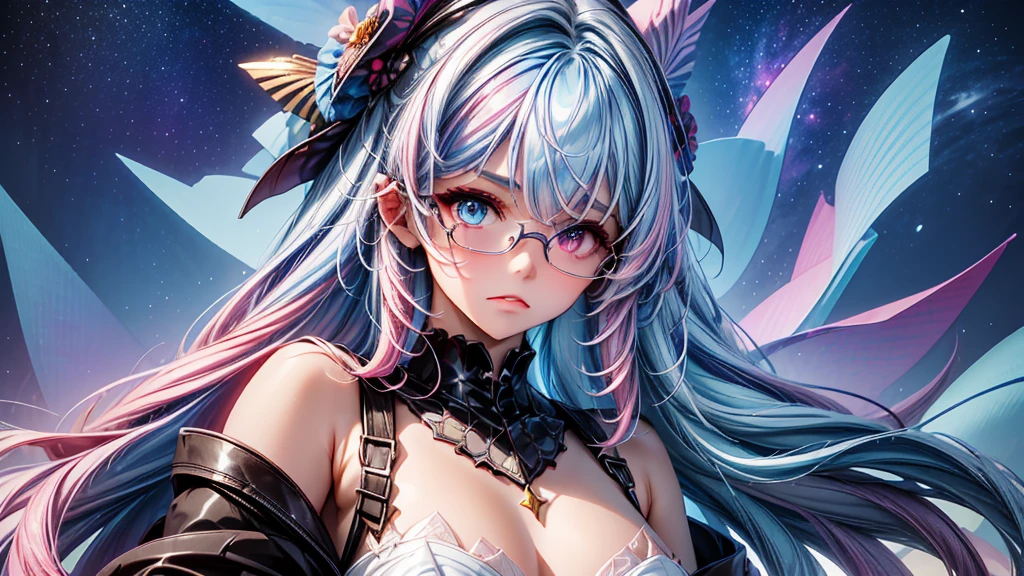 (Masterpiece ,、maximum quality、maximum quality、watercolor art(during)、Official Art、beautiful and aesthetic:1.2)、(1 girl:1.3)、(fractal art:1.3)、whole body、pupilas en forma de Star,、pattern、((Iridescent hair、colorful hair、half blue and half pink hair:1.2))、water、liquid、clouds、showy、noche Starda、Star、angry face、glasses、Write、heterochromia, (showy:1.5)、galaxiairando las Stars、anger