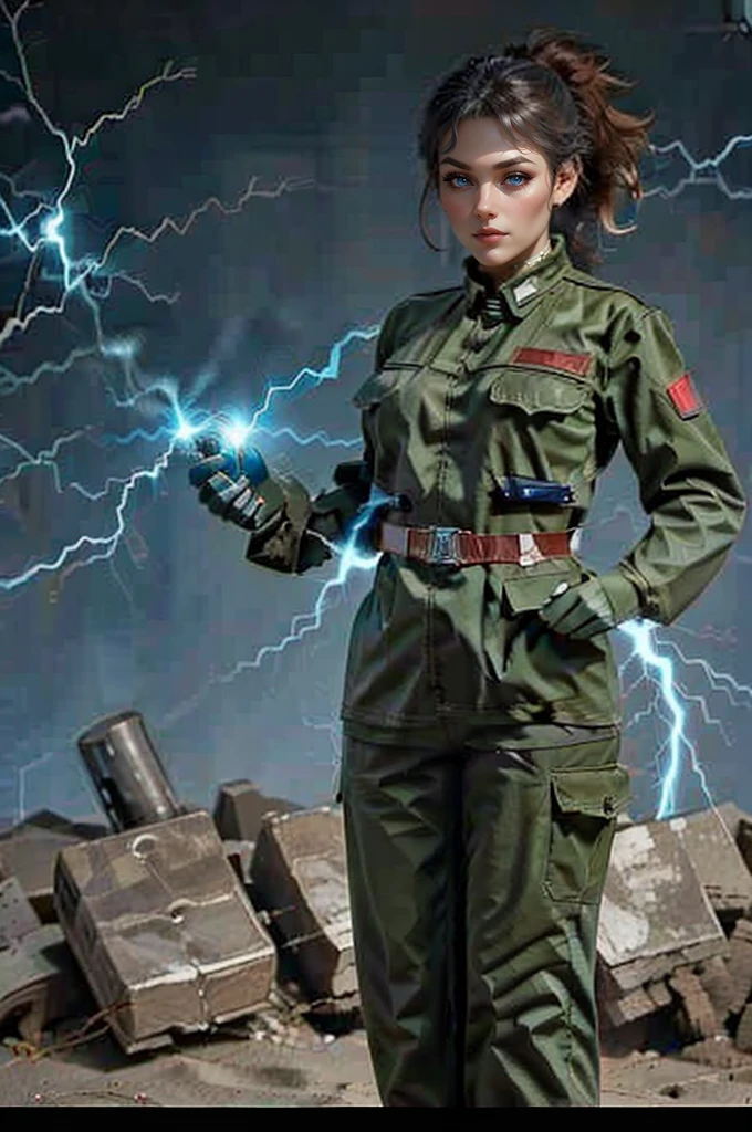 A physically strong woman in a sleek, modern military uniform stands confidently. Her uniform includes a tactical combat vest over a tight, high-tech athletic top that emphasizes her muscular build. Her toned arms and defined abs are visible, showcasing her strength and fitness. The uniform also features advanced technological enhancements, including integrated armor plates and military insignia, reflecting her high rank and expertise. Her eyes glow with a fierce electric blue, and arcs of electricity crackle around her hands and arms, illuminating her determined expression. Powerful currents of energy surge around her, creating a dynamic aura of electric power. Her hair flows wildly, charged with static energy. She wears tactical pants and sturdy combat boots, completing her battle-ready look. She stands in a dynamic pose, ready for action, against a dark, stormy background with flashes of lightning highlighting her silhouette. The scene exudes power and intensity, capturing the essence of her formidable electric abilities and her impressive physical strength.
