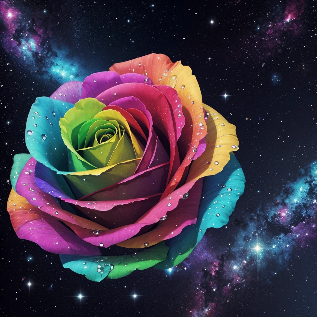 Colorful rose with water drops, background galaxy 