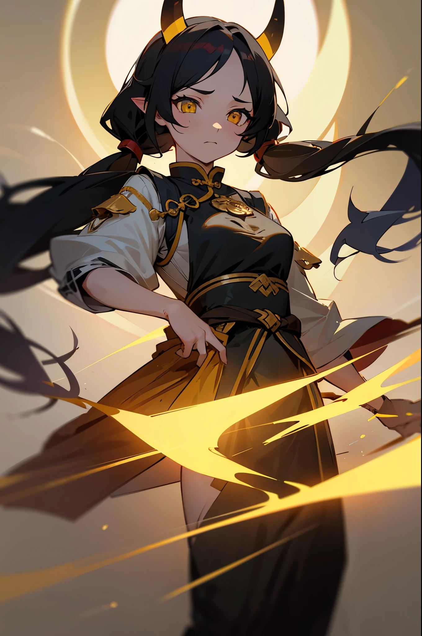 e7 ARavi, yellow eyes, red mark in forehead, black hair, (low twintails coming from under the ears) with yellow ribbons, small breasts, black small bull horns, (long red chinese tabard), black sorts, nothing under the tabard, naked under tabard, (masterpiece), best quality, highres, 4k, 8k, Detailed Illustration, intricate detail, cinematic lighting, amazing quality, 1girl, fit female, amazing shading, soft lighting, facing camera, perfect eyes,