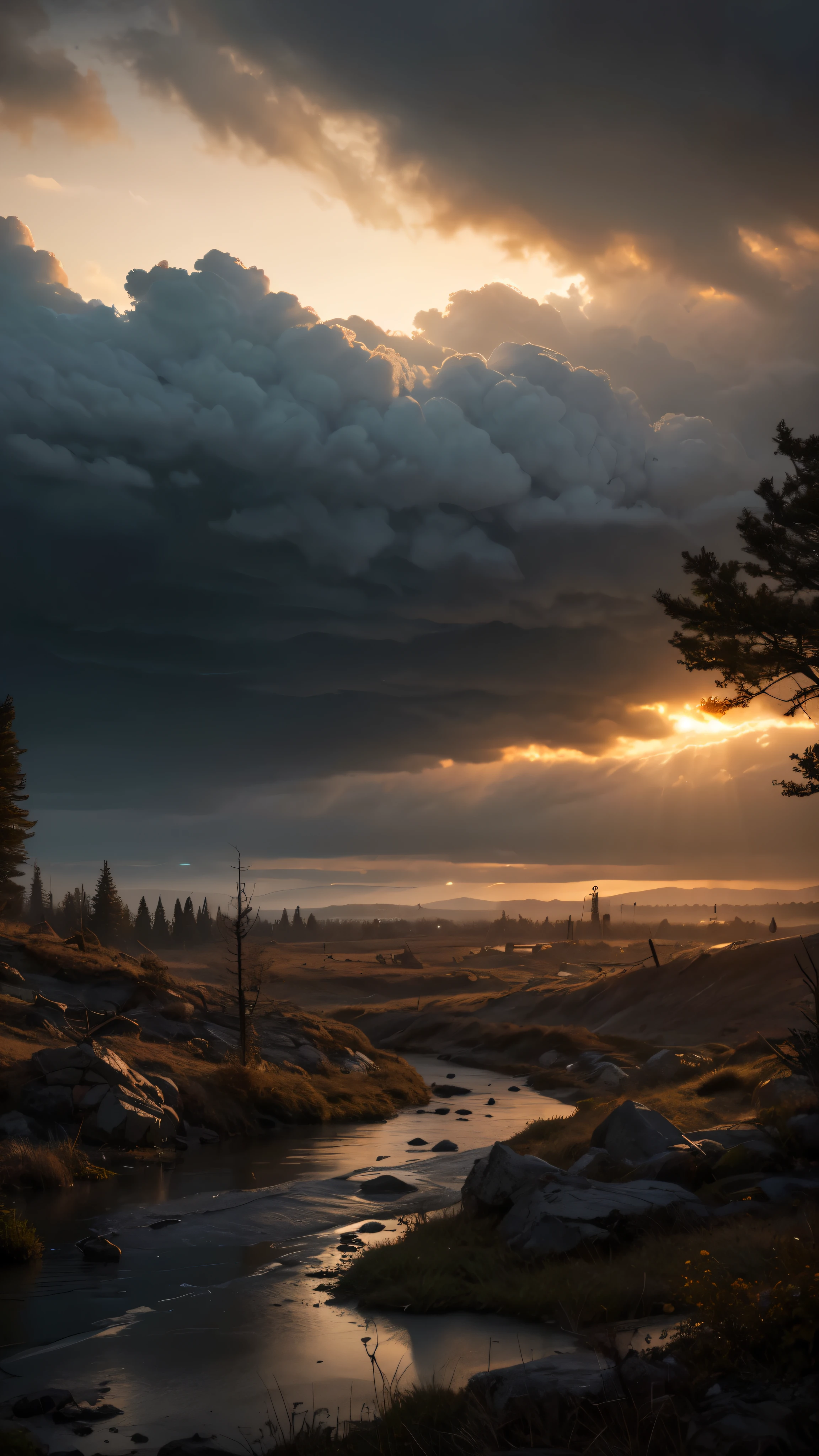 masterpiece, best quality, highly detailed, best quality, UHD, 8k, wallpaper, cinematic, Post-apocalyptic, 5K night landscape, rain, wilderness, dramatic clouds, beautiful colours, scene design, light coronas, light and shadow, cinematic lighting, sharp image, intricate details