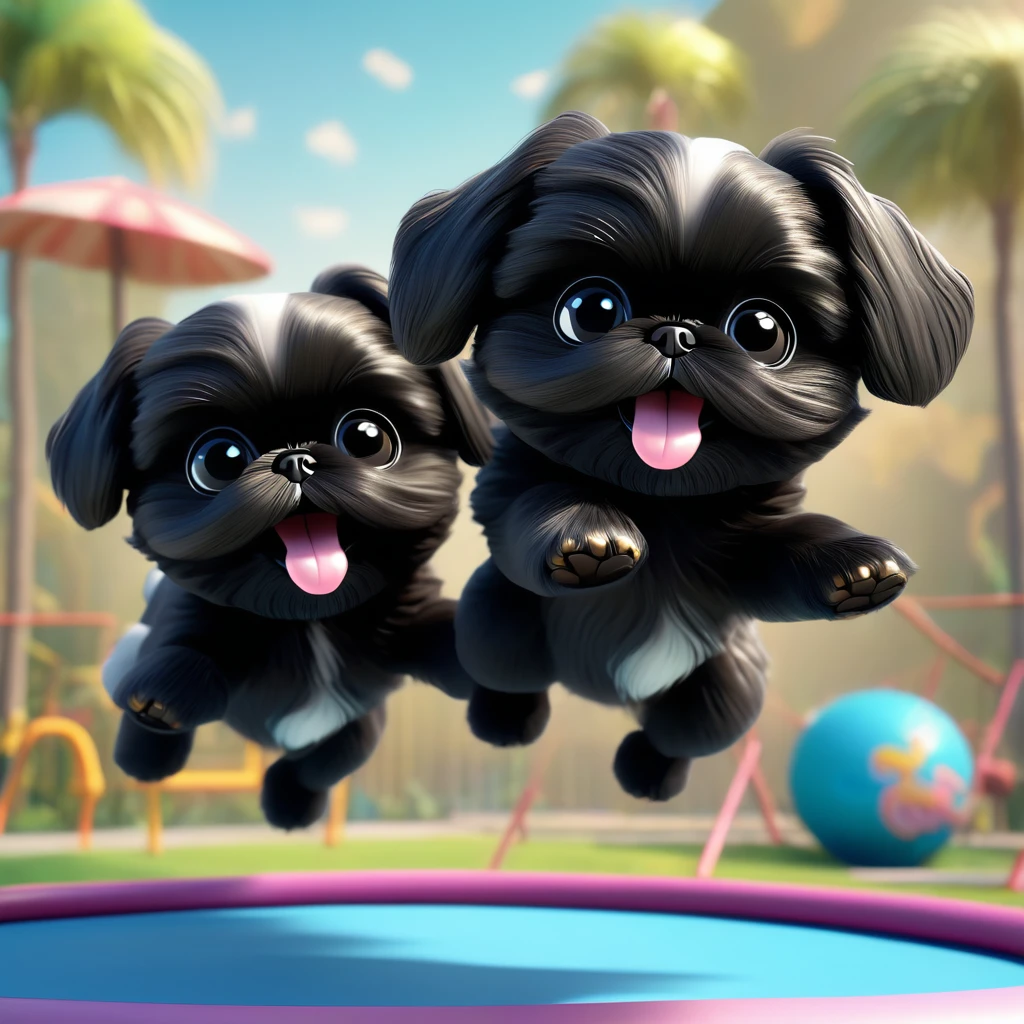 2 Adorable small black Shih Tzu puppies wearing bright sunglasses jumping on trampoline Disney background 3d cartoon 3d render disney pixar style