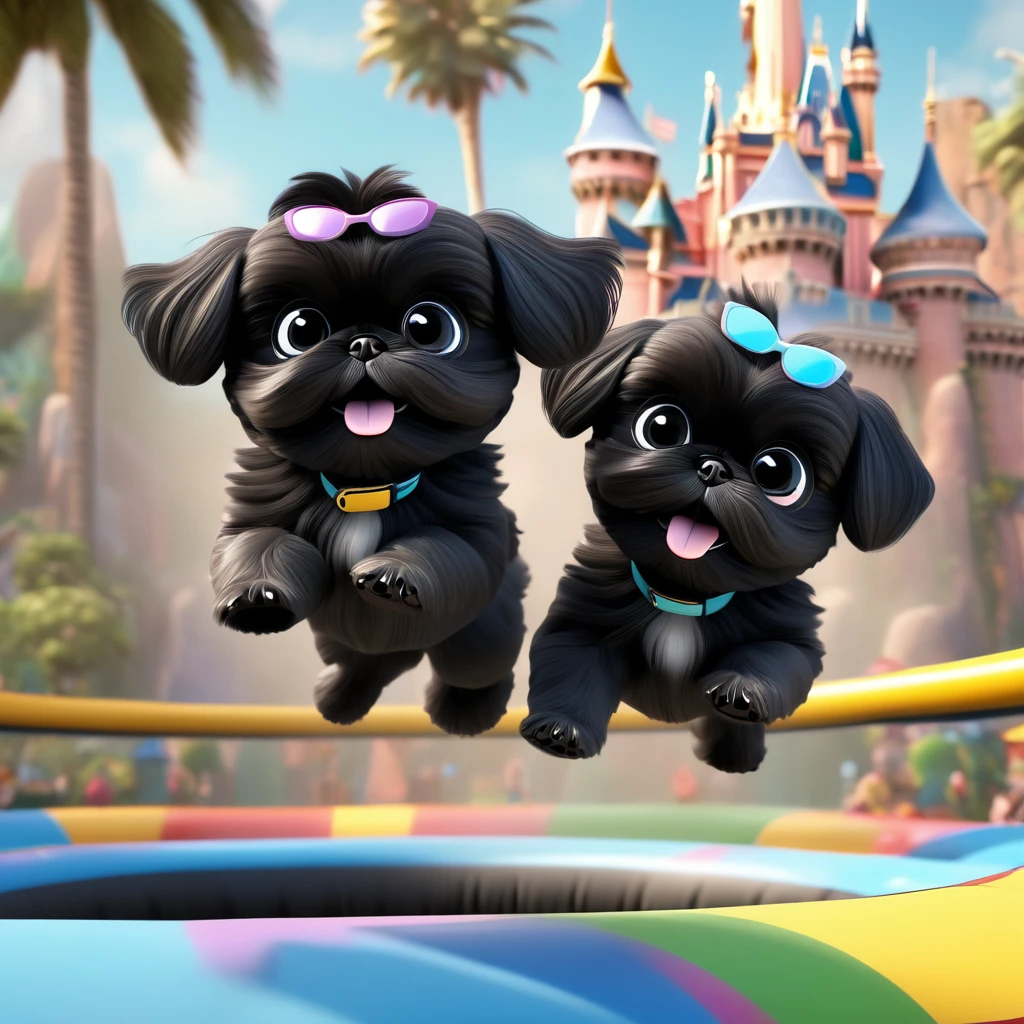 2 Adorable small black Shih Tzu puppies wearing bright sunglasses jumping on trampoline Disney background 3d cartoon 3d render disney pixar style
